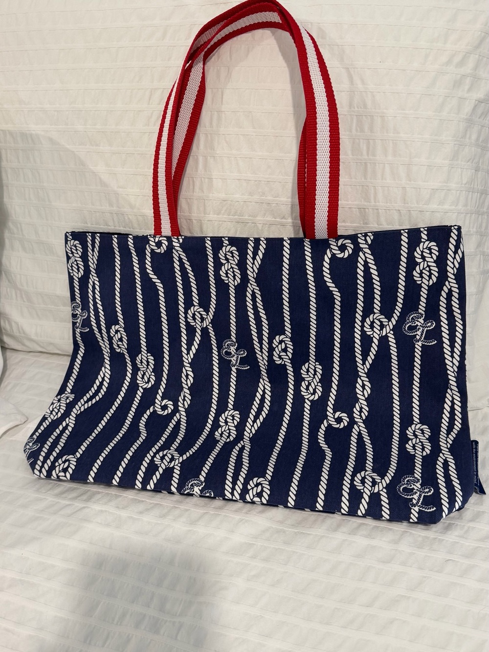 Ralph Lauren Navy Tote with White Rope Pattern and Red-Striped Handles